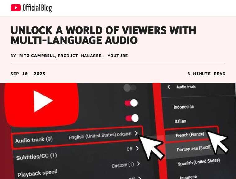 YouTube внедряет автодубляж на русский язык для всех роликов